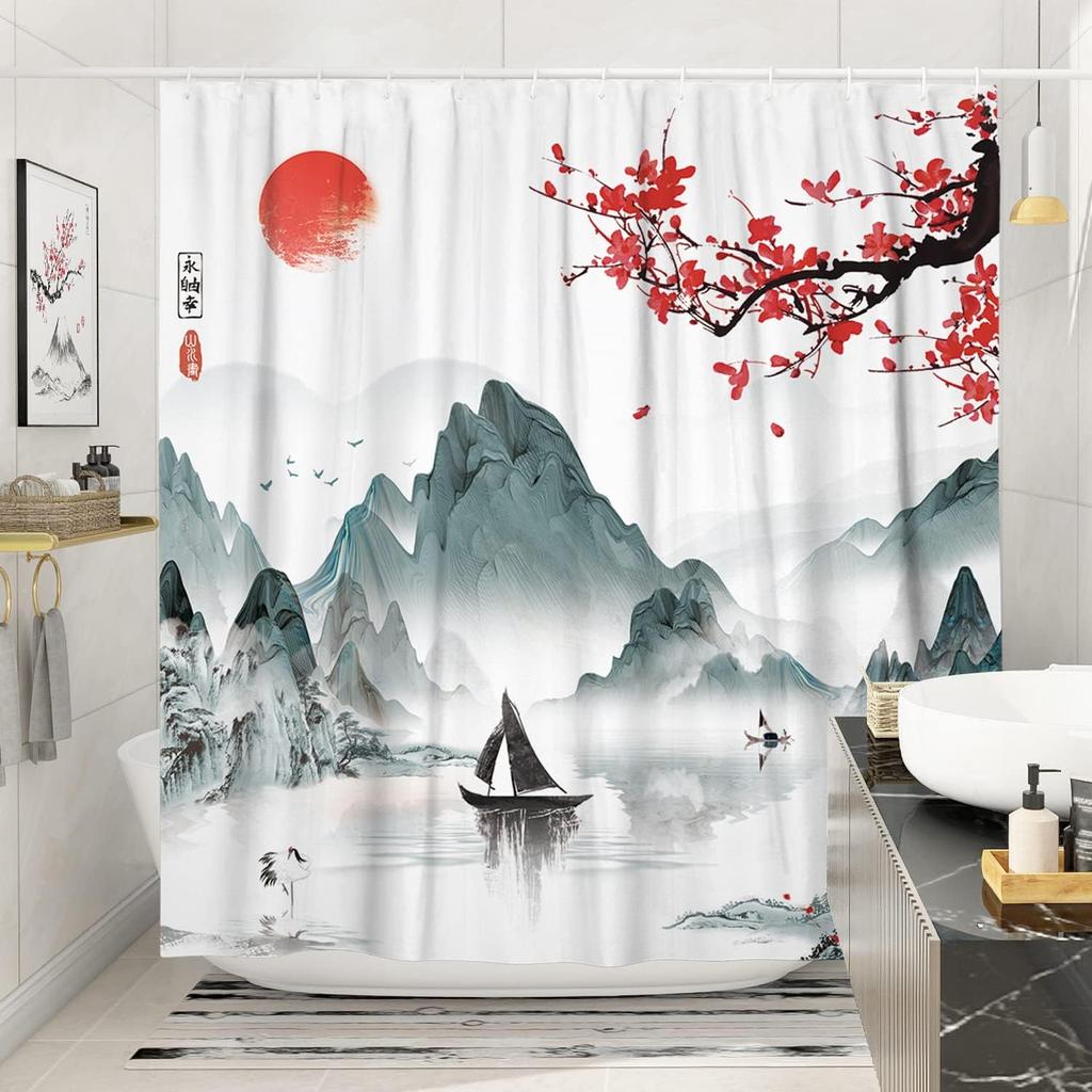 Japanese Cherry Blossom Shower Curtain Set, Asian Anime Shower Curtains for Bathroom Cool Watercolor Abstract Art