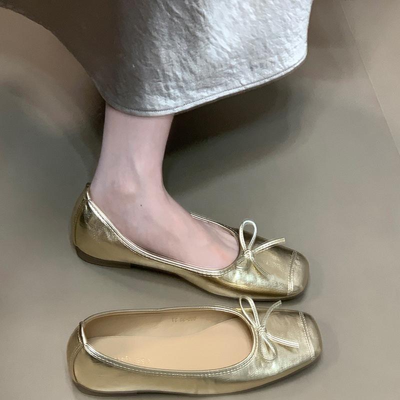 Designer Silvery Women Flats Shoes Concise Soft Leather Eelgant Butterfly-knot Mary Jane Shoes