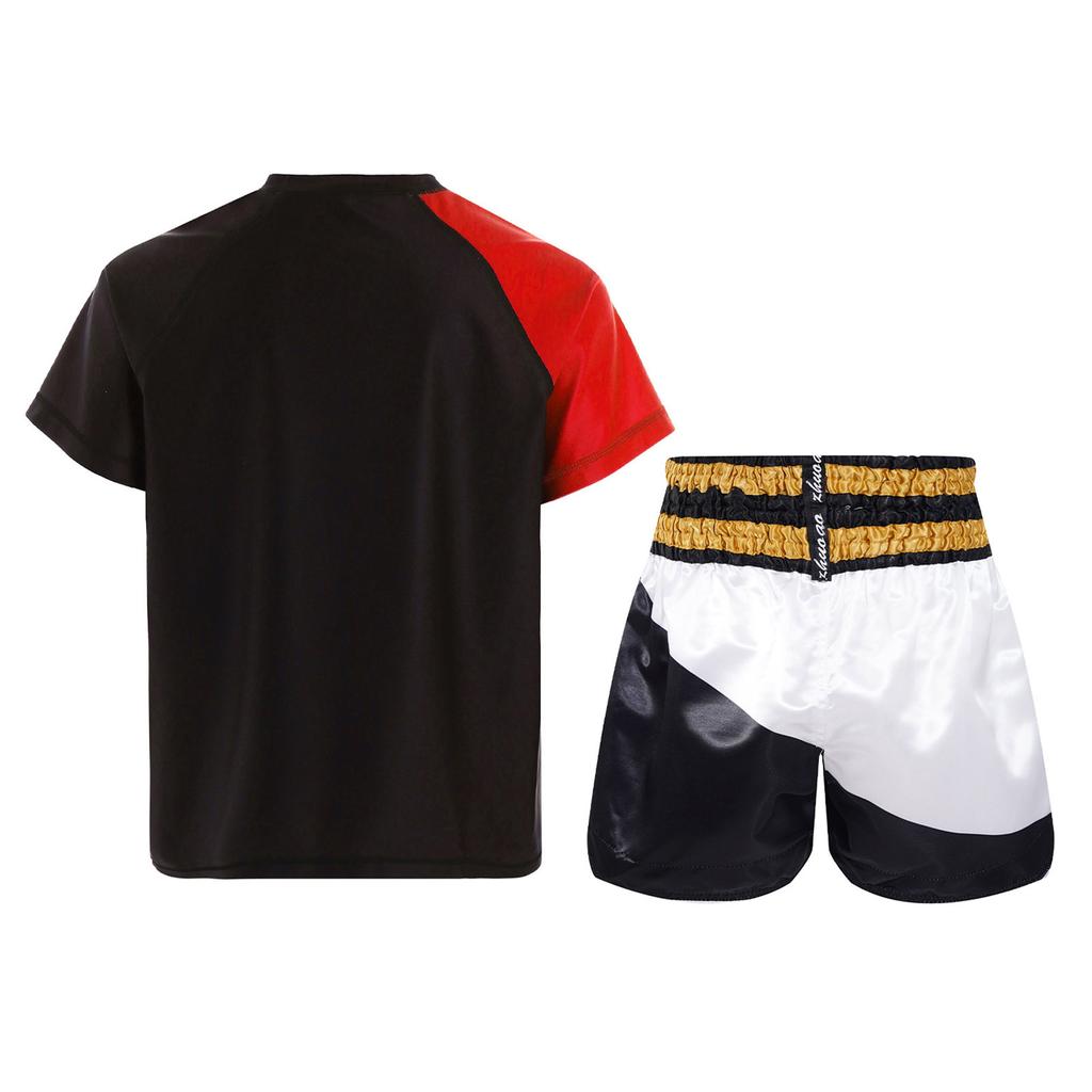 Dětský chlapecký boxerský tréninkový kostým, módní barevné bloky, patchworkové tričko s kulatým výstřihem, krátkým rukávem, atletický top s boxerskými kraťasy