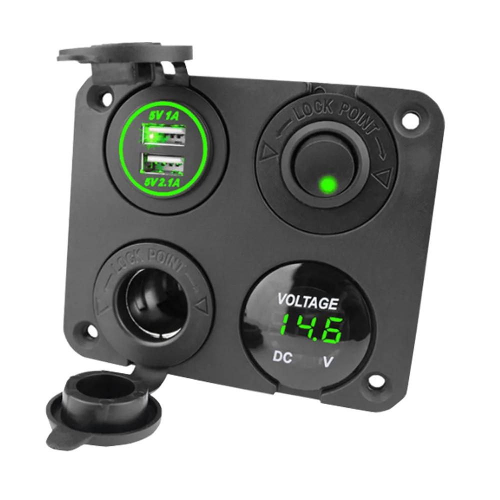 4 In 1 Switch Panel Waterproof Digital Voltmeter 12V Power Car Dual Usb Charger Socket Cigarette Lighter With Rocker Switch