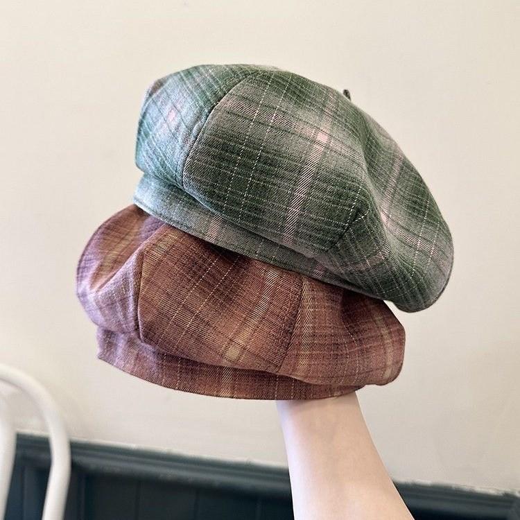 New Korean Dopamine Color Plaid Beret Women's Autumn Sweet British Painter's Hat Plaid Octagonal Hat
