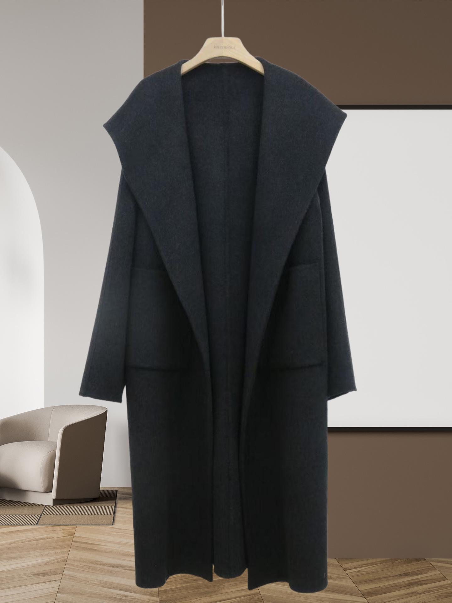 

Women s Korean Style Double-Faced Minimalist Hooded Cashmere Coat with Tie Waist, 116cm Long, in Starry Grey/Charcoal Black Wool. One Size 90-140 Jin