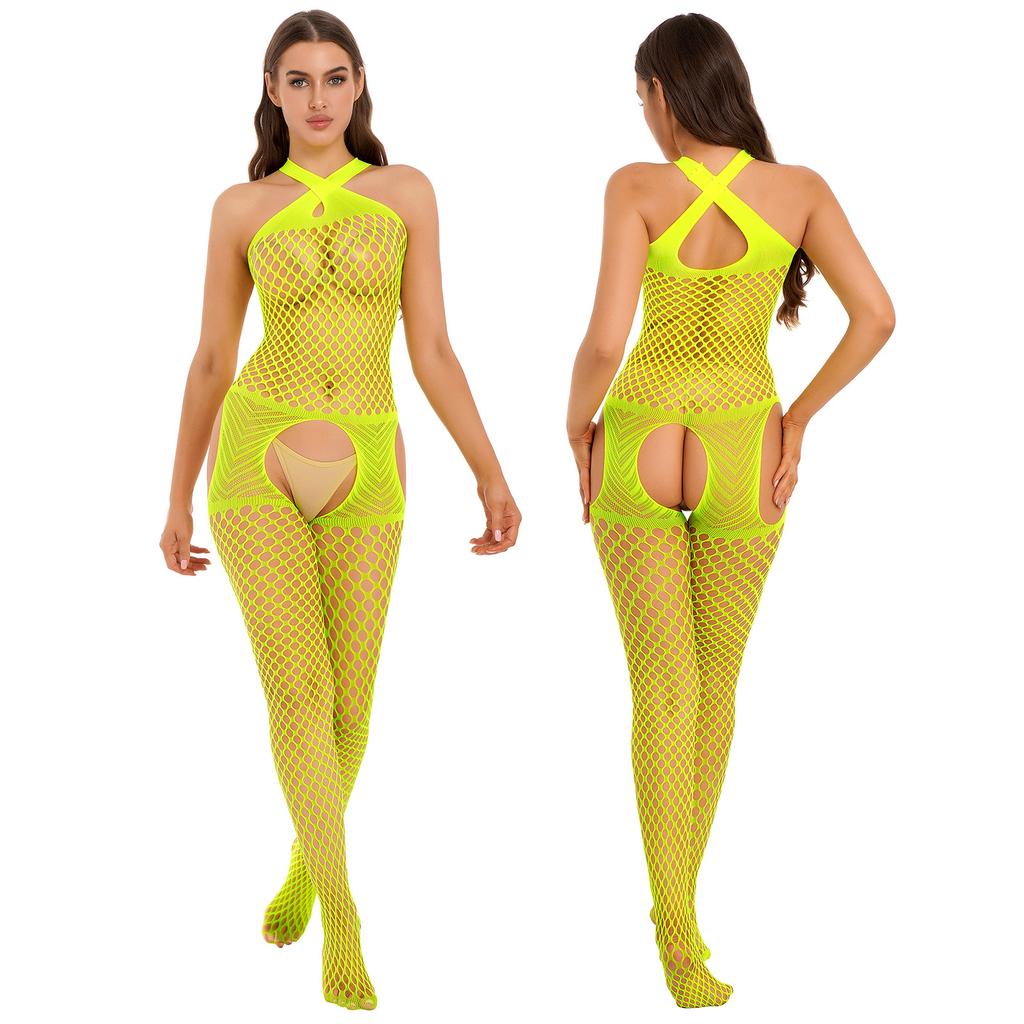 Womens Fishnet Crotchless Bodystocking See Through Cutout Cross Halter Neck Jumpsuit