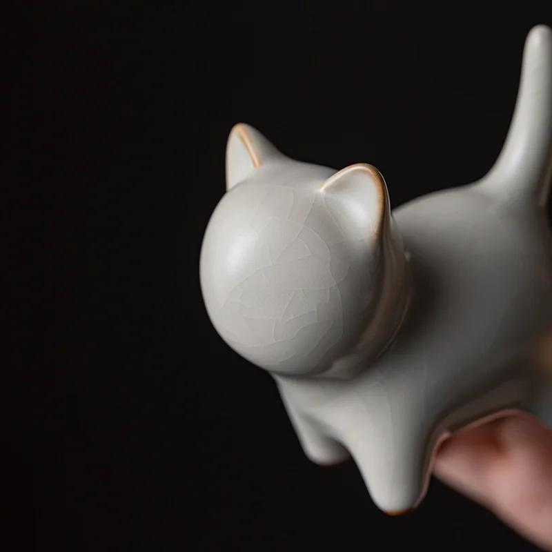 Creative Cat Cream Ru Kiln Ceramic Tea Pet Cute Cat Tea Play Ornaments Can Raise Chinese Art Pen Holder Teapot Lid Stand Tea Set
