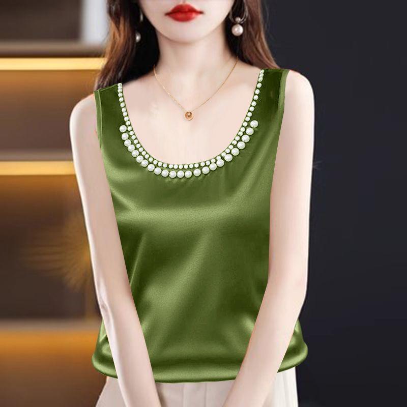 Women's Satin Tank Top - Pearl Embellished U-Neck Sleeveless Blouse
