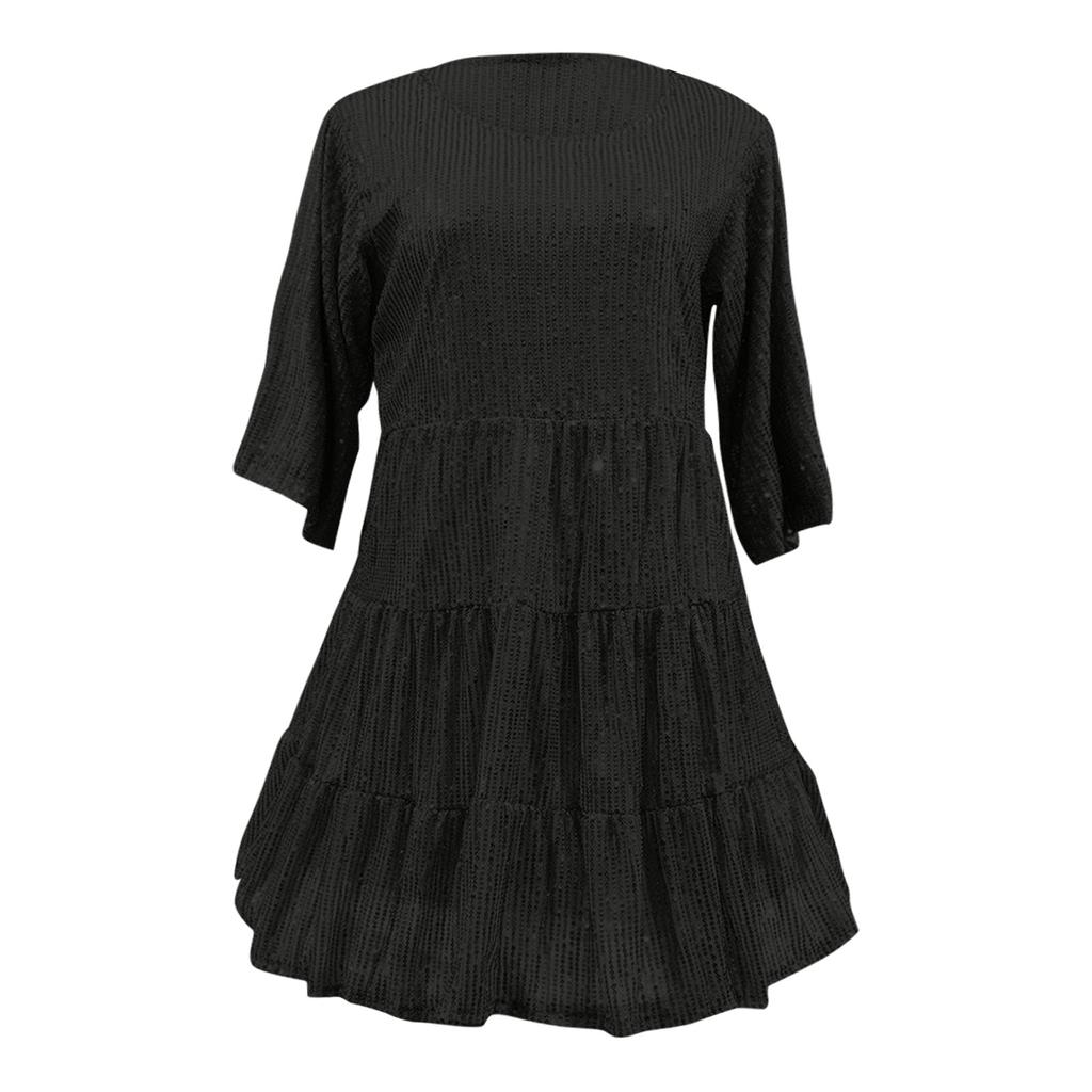 Ladies Fashion Color Loose Waist Short Sleeve Skirt Dress Party Sequin Dress