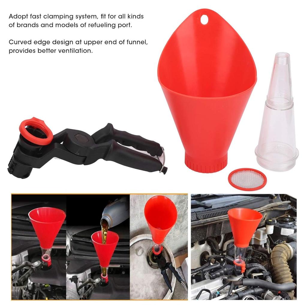 Fast-Clamp Universal Oil Filter, Engine Oil Funnel with Adjustable Fixed Bracket, Spill-Free Oil Filling Spout Pour Tool Kit, Fast & Easy Oil Change