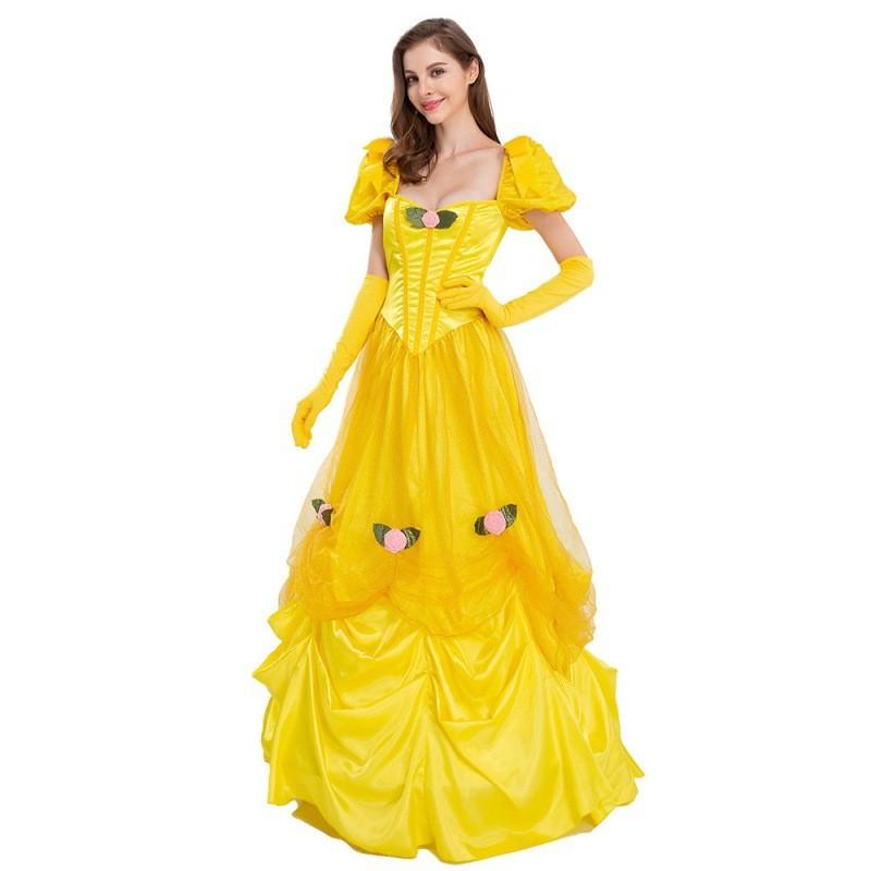 Elegant Yellow Princess Dress For Halloween Costume Featuring Belle Fairy Tale Design