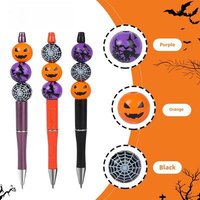 Caneta de contas de Halloween divertida faça você mesmo: Caneta esferográfica giratória criativa com contas de madeira maciça em formato de abóbora e aranha.