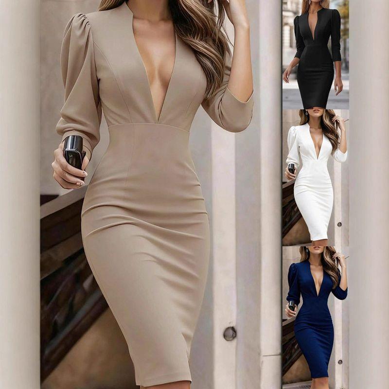 2025 Cross-Border Independent Site Amazon New Model Autumn and Winter Elegant Slim-Fit Solid Color Stand-Collar Dress for Women