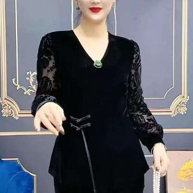 Top Stil Occidental, Bluză de Bază Catifea Aurie Stil Național Bluză de Bază Dantelă cu Mânecă Lungă