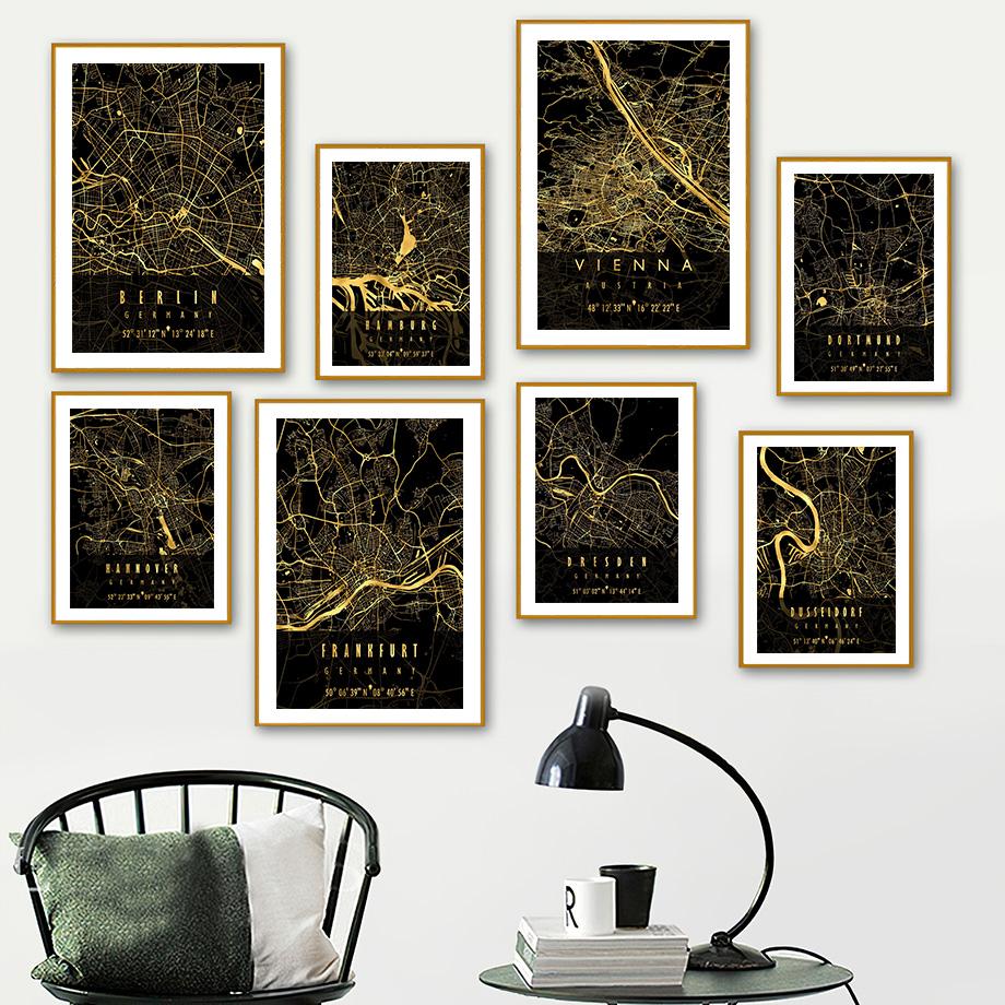 Schwarz Goldene Deutschland Berlin Stadtplan Poster Und Drucke Wand Kunst Leinwand Malerei Dekoration Wandbilder Wohnzimmer Wohnkultur