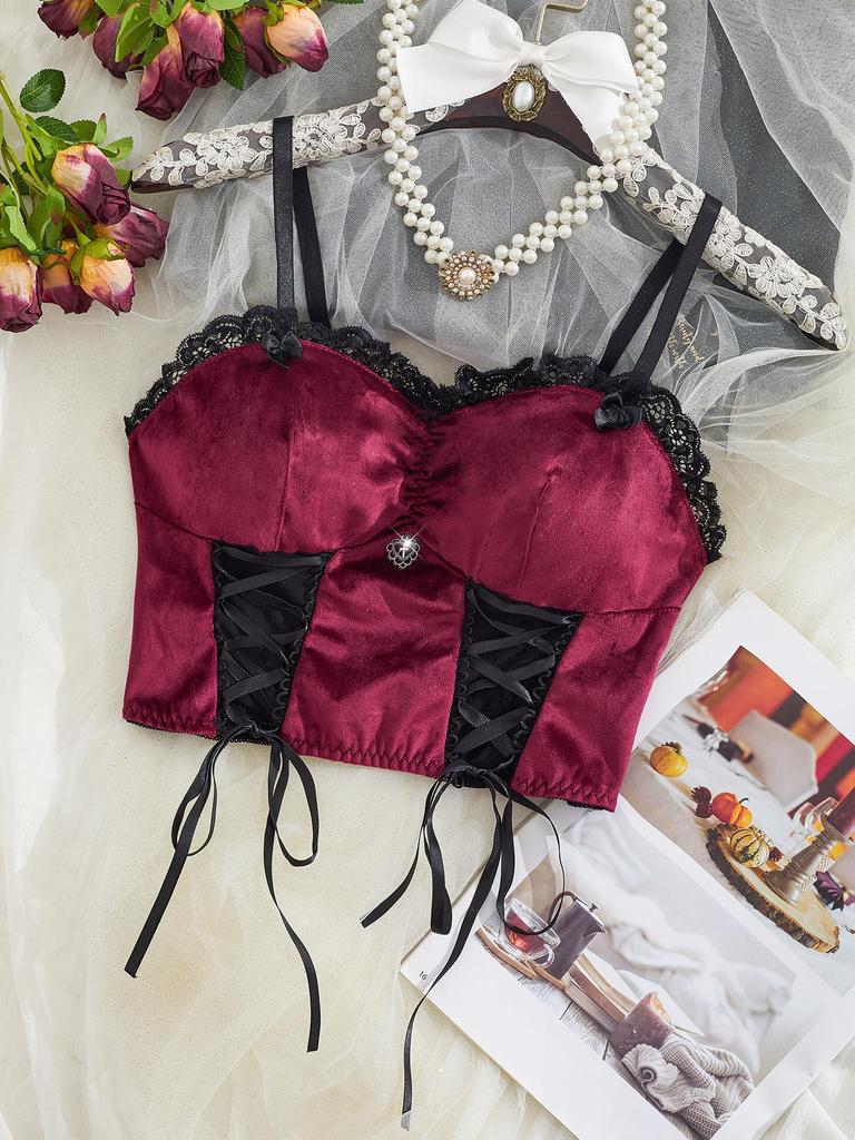 Damen Dunkel Samt Schnür-Camisole - Bügellose Erotische Dessous