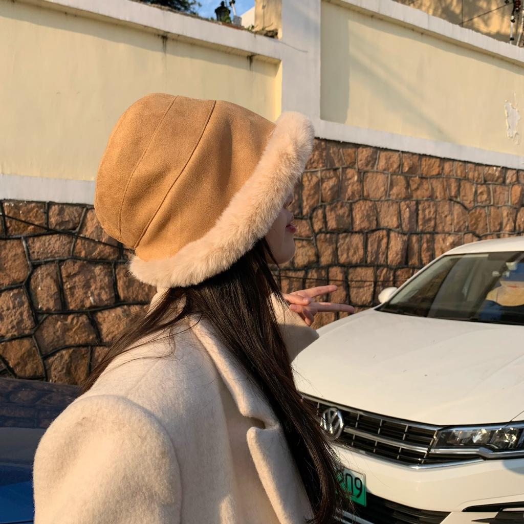 Plush Hat Women's Autumn and Winter Solid Color Suede Bucket Hat Loose Thickened Warm Big Head Circumference Pile Hat Basin Hat