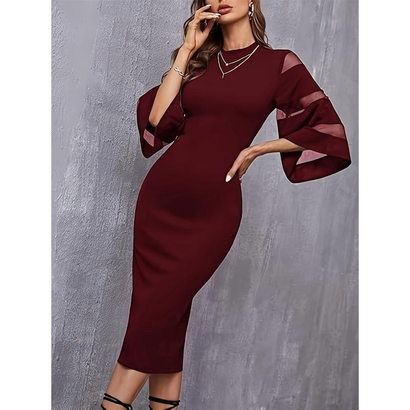 Women's Fashion Summer Spring Solid Color Print 3/4 Sleeves O-Neck High Waist Casual Dresses