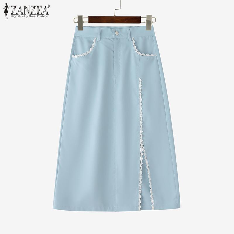 ZANZEA Damskie codzienne letnie spódnice midi z koronkowymi wstawkami