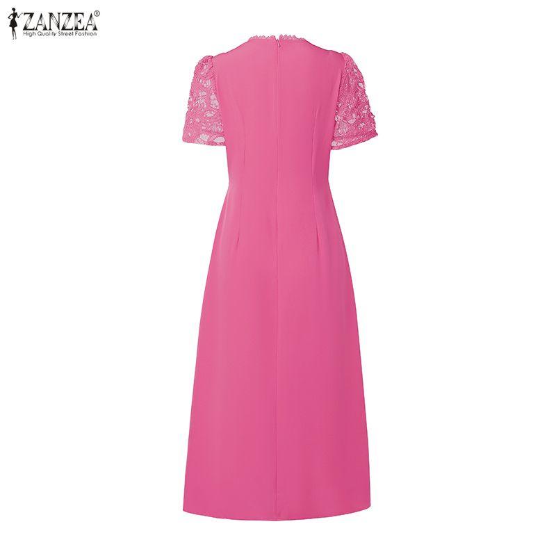 ZANZEA Women Lace Patchwork Casual Round Neck Short Sleeve Long Dress