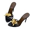 Fashion 2025 Summer Sexy Stiletto Heel Sandals for Women Floral Metal Decor Party Slippers Fashion Dressy High Heel Open Toe Slippers