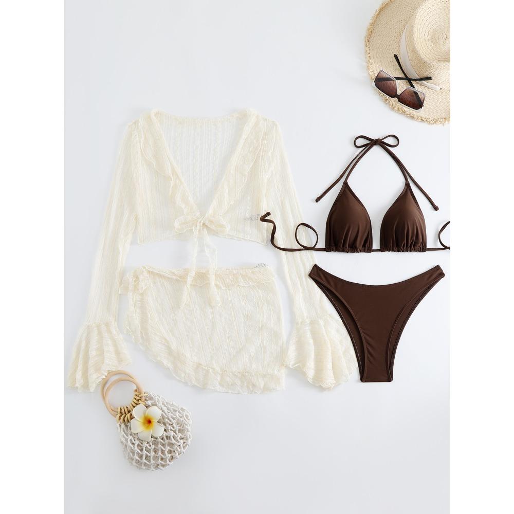 

Европейский и американский пляжный купальник с длинными рукавами и солнцезащитным кремом, женский пляжный купальник из четырех частей XS темно-коричневого