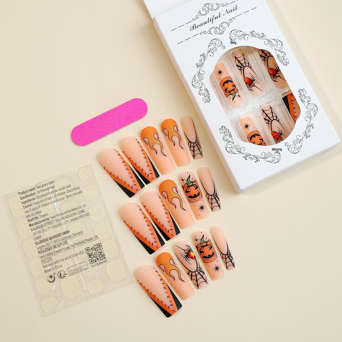 

European & American Halloween Wearable Spider Pumpkin Rhinestone Extra Long Rectangle False Nail Tips