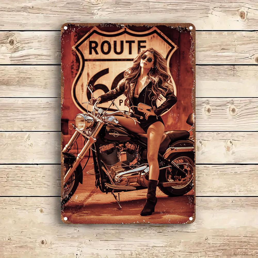 Vintage Motorcycle Wall Art Vintage Route Motorcycle Metal Wall Art Rustic Tin Sign with Woman on Bike for Home Bar Ca