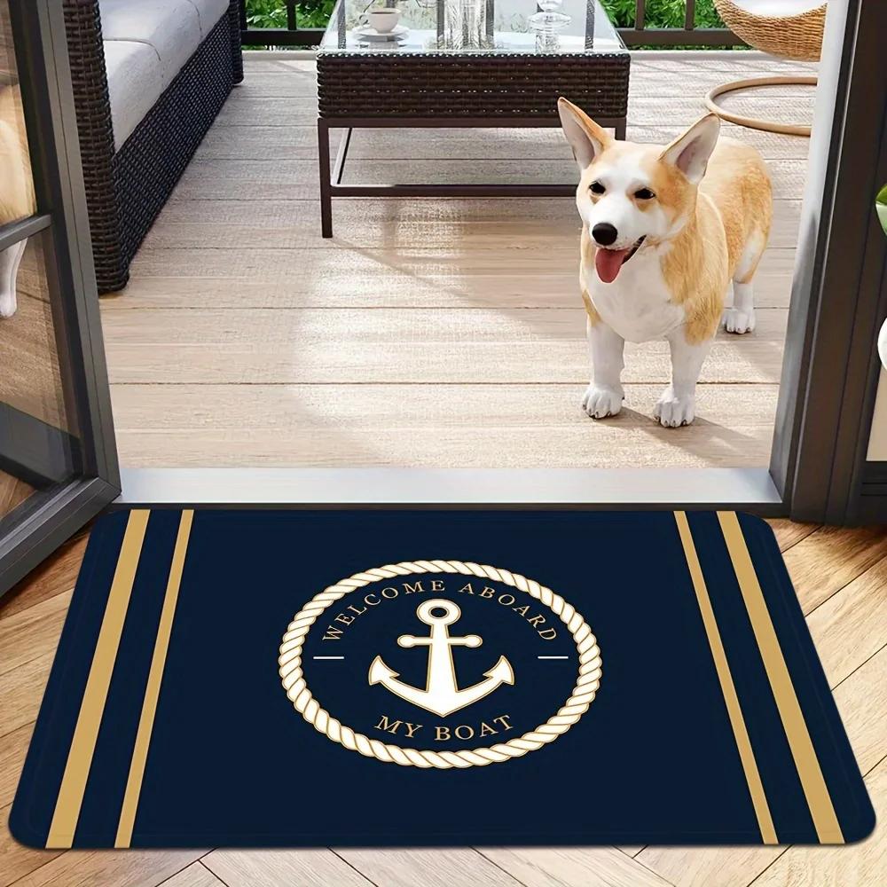 Tappetino di Benvenuto con Ancora Nautica Tappetino Antiscivolo Morbido "Benvenuti sulla Mia Barca" Decorazione Blu Navy/Oro per Interni Soggiorno