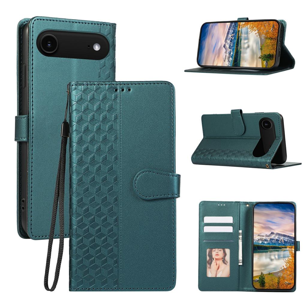 For iPhone 17 Air Case 3D Rhombus Grid Imprinted Wallet Leather Phone Cover with Lanyard