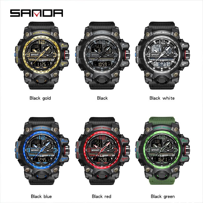 SANDA 3133 Men Quartz Watch Dual Display Multifunction Wristwatches Luminous Sport Waterproof Military Wristwatch for Male