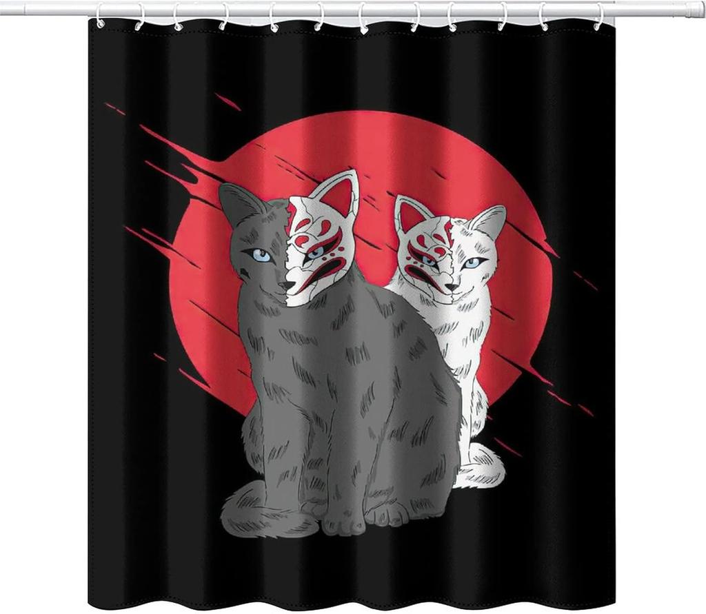 Japanese Shower Curtain, Watercolor Style Red Sun Silhouette Ninja In Moonlight Medieval Theme National Folk Asian Print