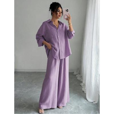 Spring Fashion Plus-Size Women's Two-Piece Set: Linen-Style Shirt & High-Waisted Loose Pants