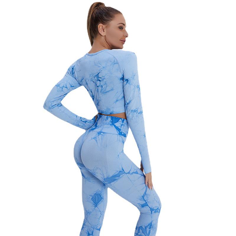 Naadloze tie-dye yogaset voor dames: Broek met hoge taille en heuplift en top met lange mouwen
