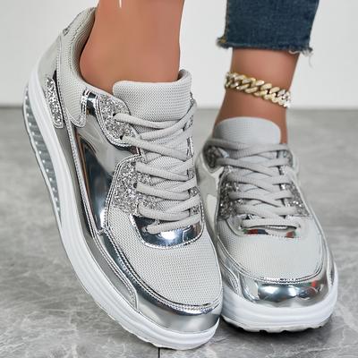 Baskets à plateforme scintillantes pour femmes, Chaussures de gym respirantes à semelle épaisse, Grandes tailles, Lacets, Chaussures de sport décontractées