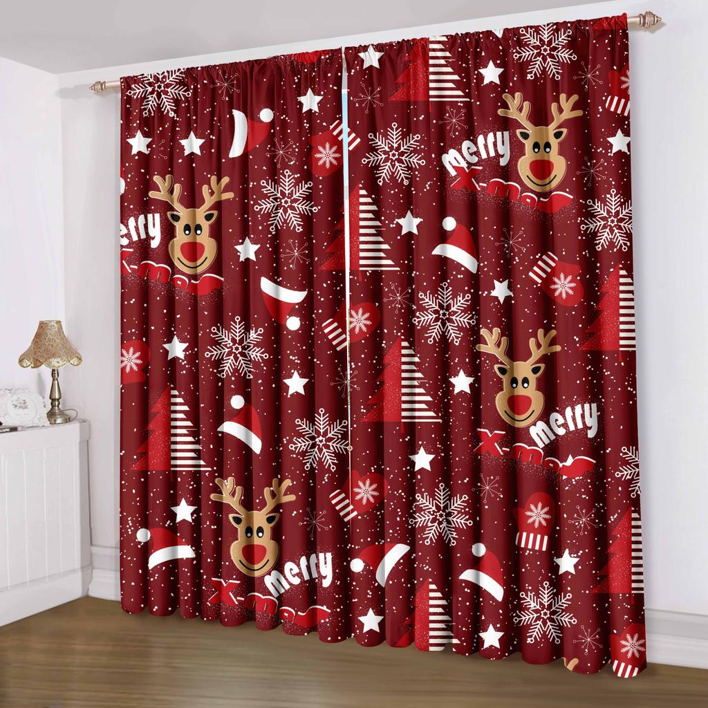 2pcs Set Christmas Reindeer & Santa Claus 3D Printed Curtains Rod Pocket Privacy Drapes for Bedroom Living Room Kitchen Office