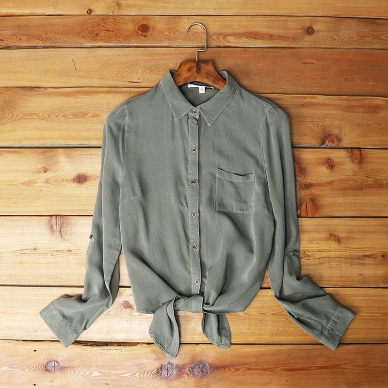 

European and American Foreign Trade Long-Sleeved Silky Denim Shirt Greyish green Size S
