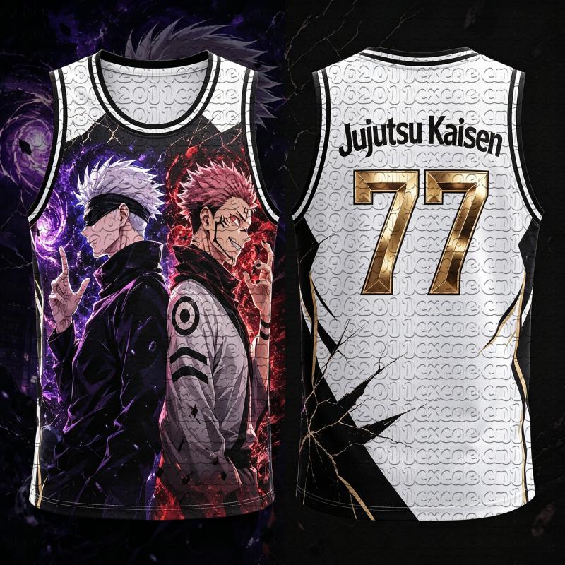 Zomer Anime Jujutsu Kaisen Gojo Satoru Ryomen Sukuna Goudkleurige Print Sneldrogend Mesh Basketbalshirt Uniseks Mouwloos Tanktop 100 gray