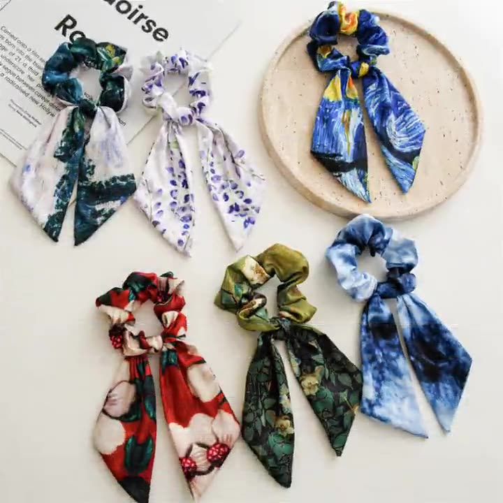 Oil Painting Print Long Ribbon Bow Scrunchies Elastic Ponytail Holder Exquisite Hair Tie Woman Rubber Band Hair Accessories Girl