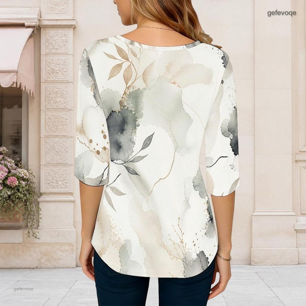 Women Plus Size Round Neck 3 4 Sleeve Abstract Printed T Shirt Curved Hem Casual Top