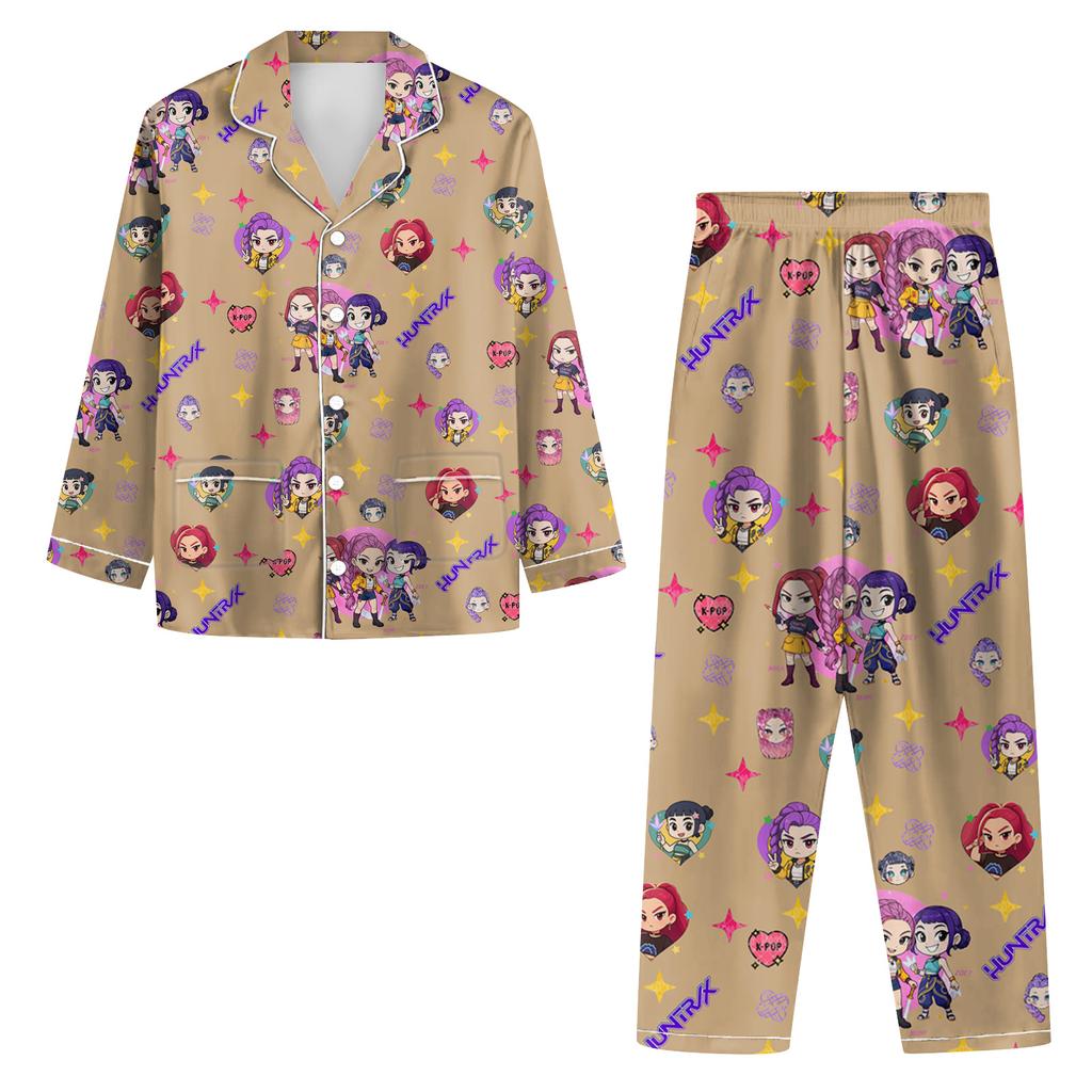 Women's 2 Piece Printed Suit Long Sleeve Button Up Top Wide Leg Pants Suit Set Pajamas Home Casual Suit