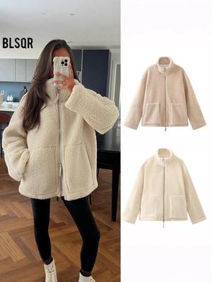2024 European-American Style Women's High Neck Lamb Wool Blend Plush Coat