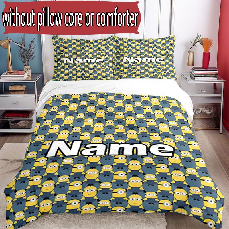 3pcs Duvet Cover Set (1*Duvet Cover + 2*Pillowcase, Without Core), Custom Name Minions Pattern Bedding Set, Home Bedroom Decor Gift