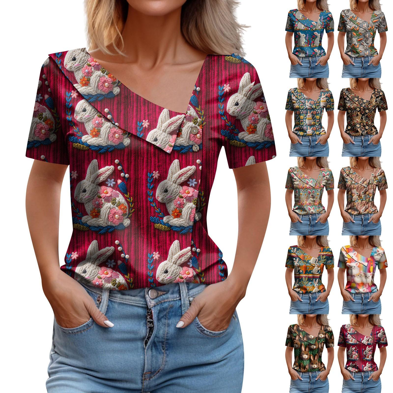 

Женская футболка с V-образным вырезом и короткими рукавами с пасхальной вышивкой и принтом