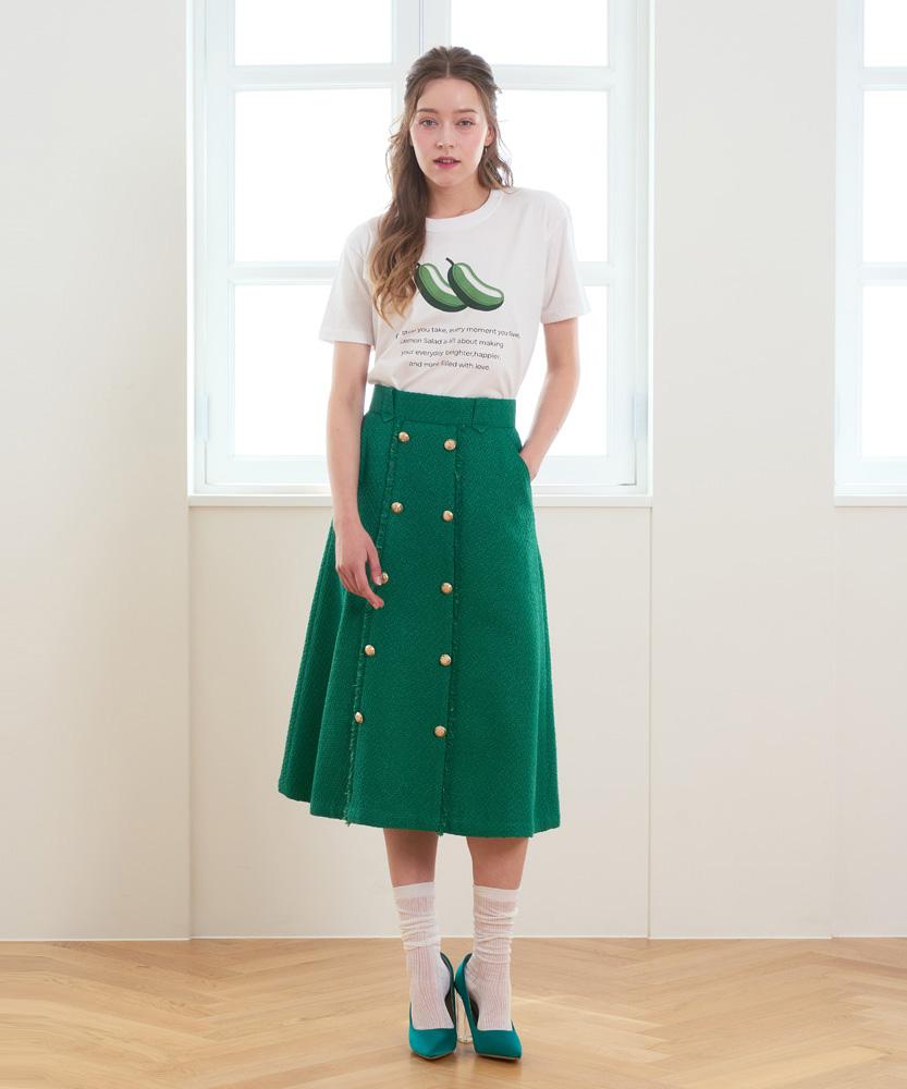 L By L Green Tweed Double Gold Button Skirt