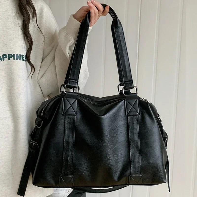 Grande Capacidade Bolsas de Ombro Pretas Para Mulheres Grande Bolsa de Compras Cor Sólida Couro Macio Bolsa Crossbody Bolsa de Viagem Feminina