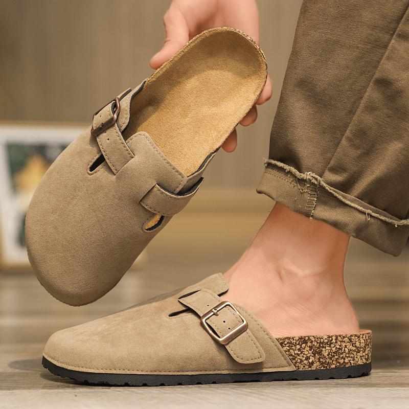Fashion Plus Size 47 Men Half Shoes Casual Loafers Cork Clogs Slippers Fashion Suede Slip-on Flat Sandals soft-Soled Casual Sandals