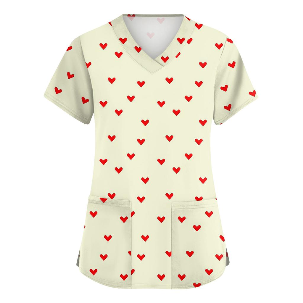 Women's Cute Bow Printed Work Clothes V-neck Double Layer Pockets Basic Short Sleeve Top Pullover