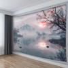 2D Cherry Blossom Lake Tapestry, Misty Sunrise Mountain Wall Art for Home Decor