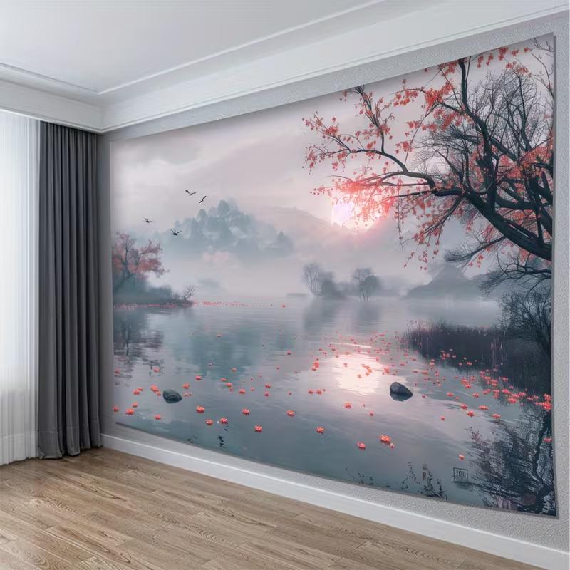 2D Cherry Blossom Lake Tapestry, Misty Sunrise Mountain Wall Art for Home Decor