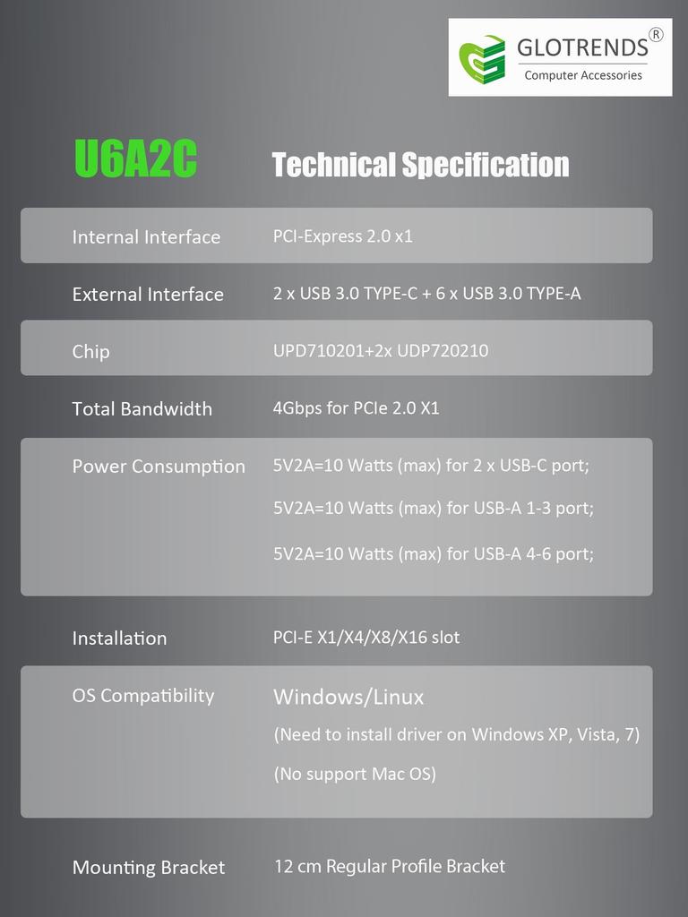 GLOTRENDS U6A2C 8 Port x 6 x USB 5Gbps PCIe Expansion Card for ARM Supports Windows and Linux Supports Mac (2 Type-C+ Type-A) 3.0 Intel, AMD,