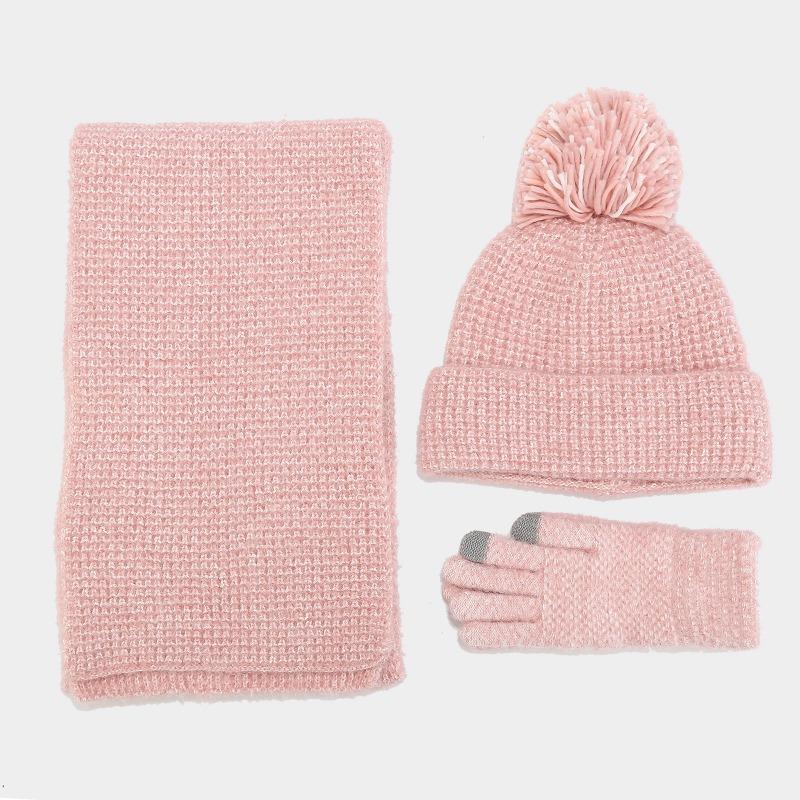 New Two-color Women's Coarse Pattern Big Hairball Hat Set, Thickened Warm In Autumn and Winter, Simple and Cold-proof Three-piece Set