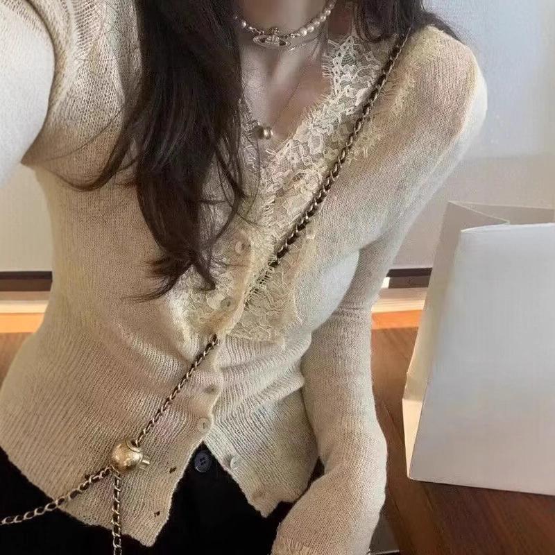 Black Slim Fit V-Neck Lace Trim Cardigan - Women's Long Sleeve Spring Sweater Top